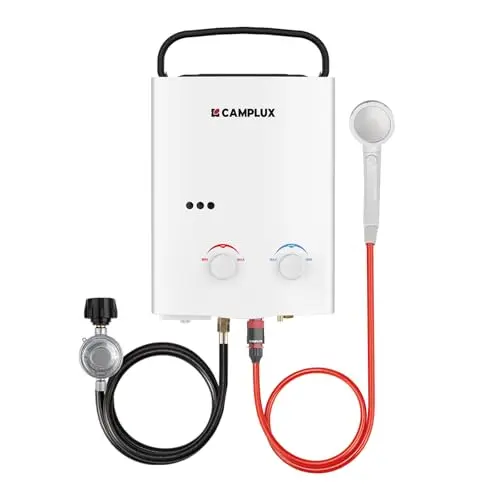 CAMPLUX outdoor tankless water heater showing compact white design with shower hose