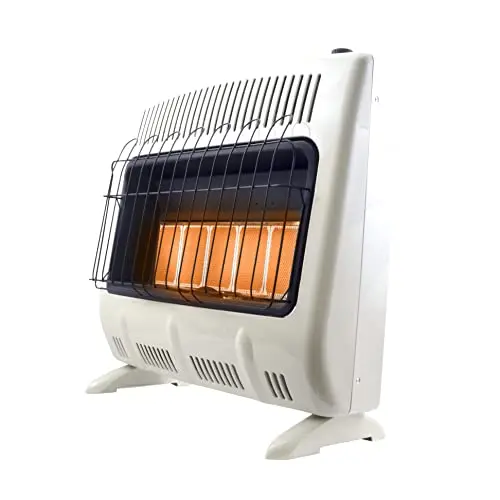 Mr. Heater vent-free natural gas garage heater with white cabinet design
