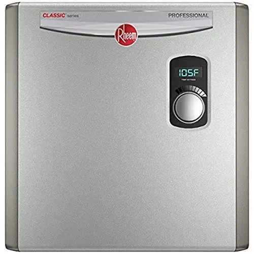 Rheem RTEX-27 electric tankless water heater with digital thermostatic control and three heating chambers