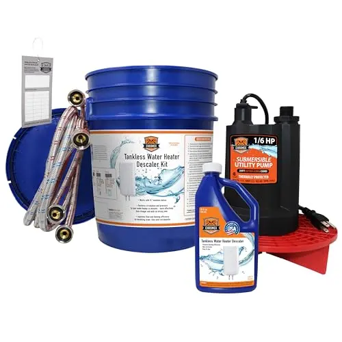 Chromex tankless water heater flush kit with blue and black components including pump, bucket, and hoses
