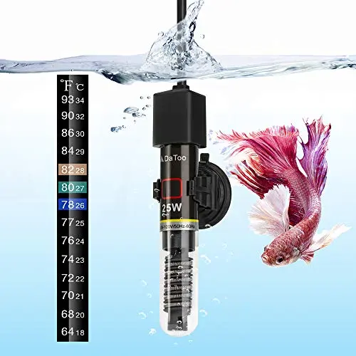 DaToo mini aquarium heater with black design and thermometer sticker