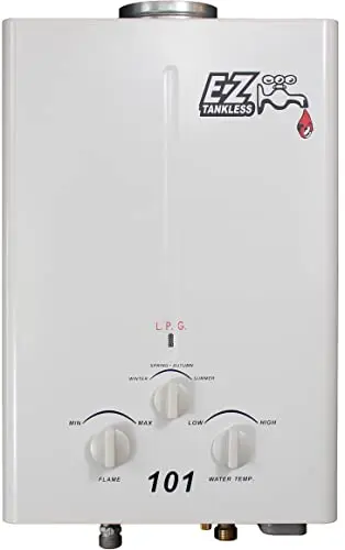 EZ 101 white portable propane water heater with simple controls