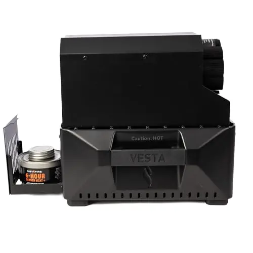 VESTA self-powered heater and stove unit in black with canned heat fuel