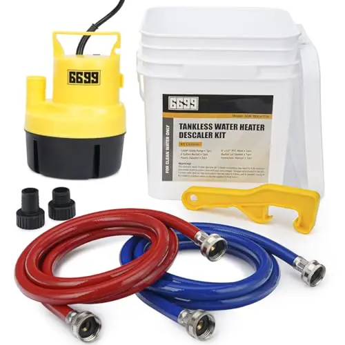 6699 tankless water heater flushing kit with yellow and white pump, bucket, and PVC hoses