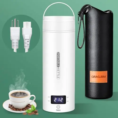 QRAGJBM portable electric kettle with LCD touch screen and white stainless steel design