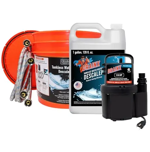 DrainX tankless water heater flush kit with multicolor components and gallon descaler solution