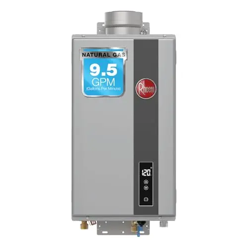 Rheem natural gas tankless water heater mounted on wall with digital display