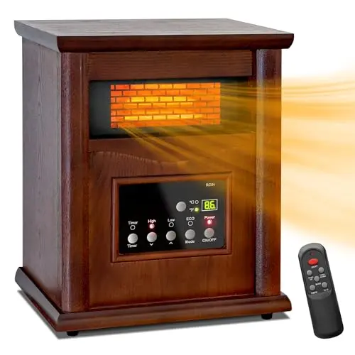 LifePlus electric infrared space heater with digital display in walnut brown