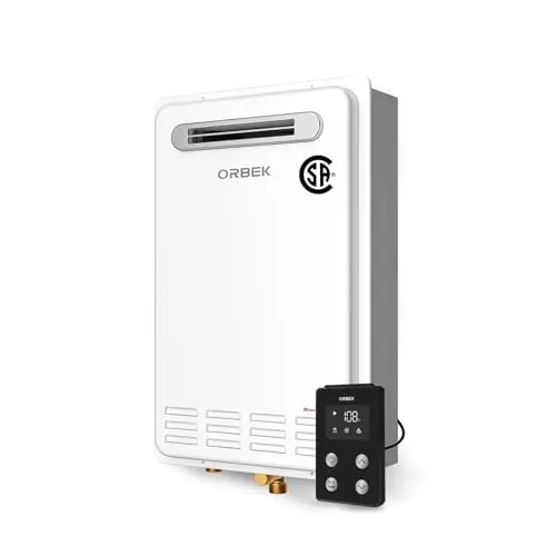 Orbek outdoor propane tankless water heater with remote control