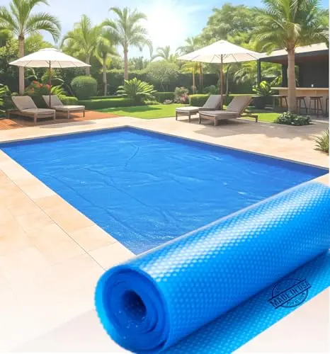 SunHeater blue solar blanket with bubbles on inground pool