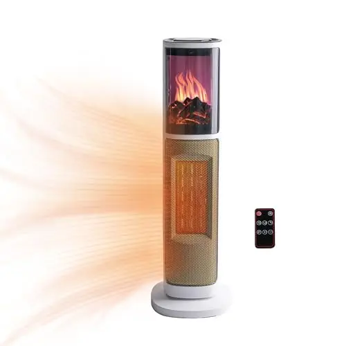 Comfort Zone tower heater with 3D flame effect in white