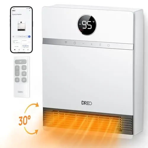 Dreo smart wall heater with oscillation and digital display mounted on bedroom wall