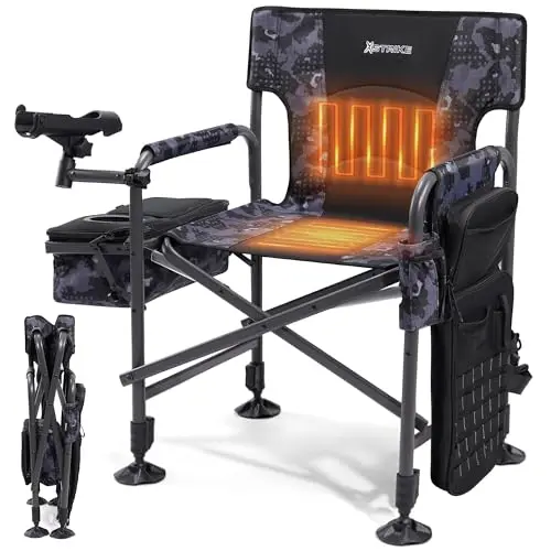 X Strike heated fishing chair with rod holder and cooler bag