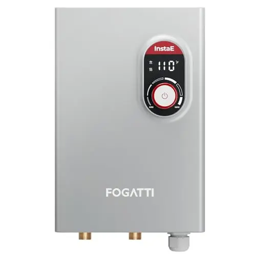 FOGATTI 14kW electric tankless water heater in gray with LED display and compact design