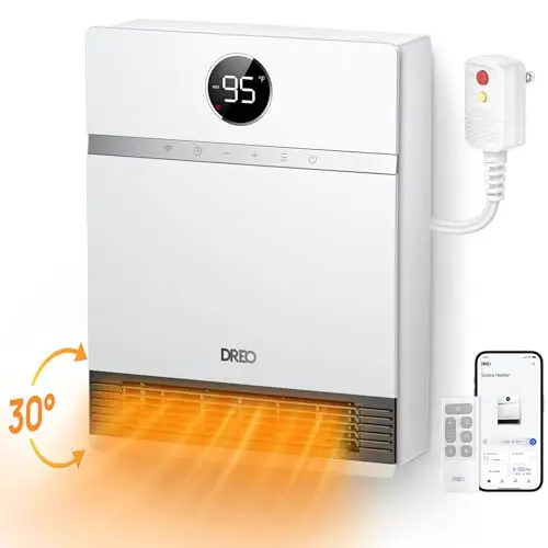 Dreo smart wall heater with digital display mounted on bathroom wall