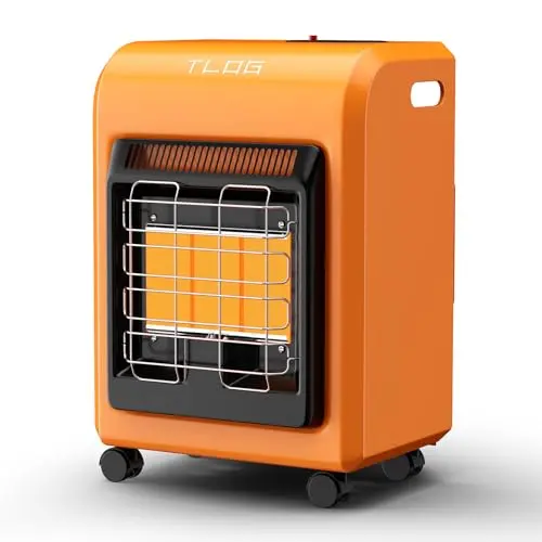 TLOG propane heater in orange with cabinet design and casters