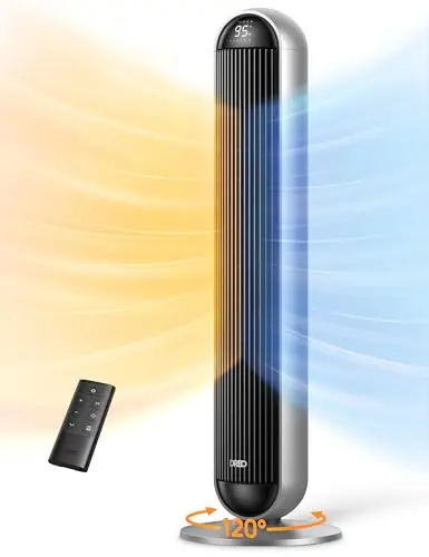 Dreo silver tower fan and heater combo with wide oscillation