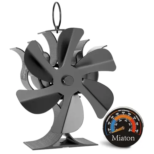 Miaton wood stove fan in black with heat-powered blades and thermometer