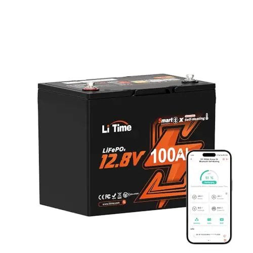 LiTime 12V 100Ah lithium iron phosphate battery with Bluetooth monitoring and heating features