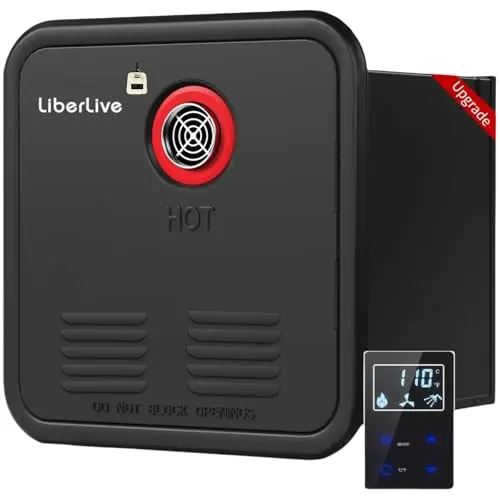 LiberLive RV tankless water heater in black with remote controller