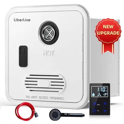 LiberLive RV tankless water heater with dual outlets and white finish