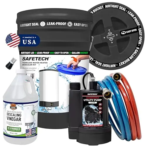 Safetech tankless water heater flushing kit with black components and premium braided hoses