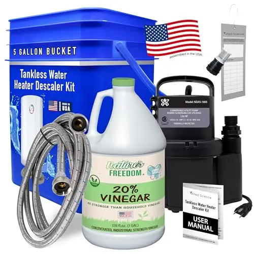 Allied Science tankless water heater flushing kit with blue components and square bucket
