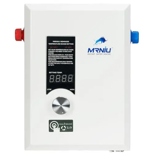 Mrniu 8kW electric tankless water heater in white with LED display for bathroom use