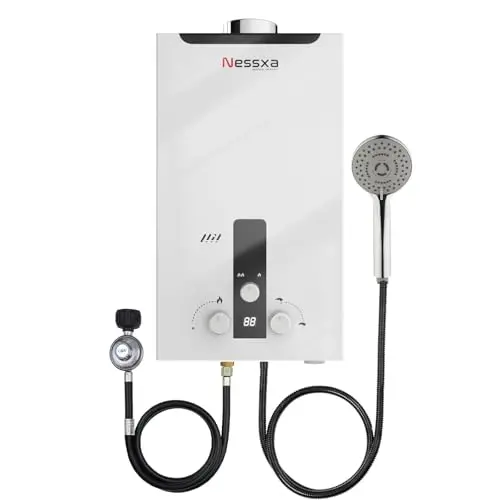 NESSXA white portable propane water heater with digital temperature display