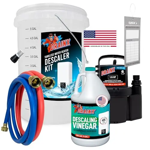 DrainX tankless water heater flushing kit with clear bucket, vinegar, and replacement filter