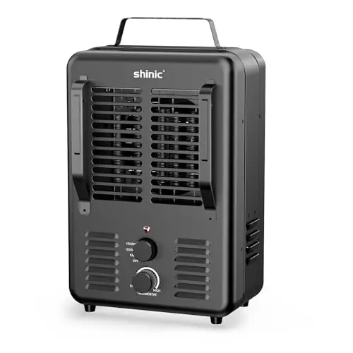 Shinic milkhouse style space heater with black finish and safety features