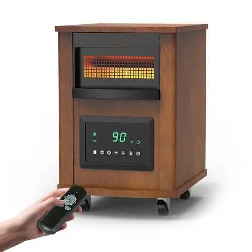 RealSmart infrared space heater with wheels and LCD display in coffee brown