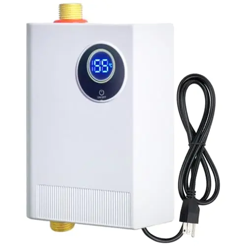 ECOTINYMACH 3000W electric tankless water heater in white with digital display
