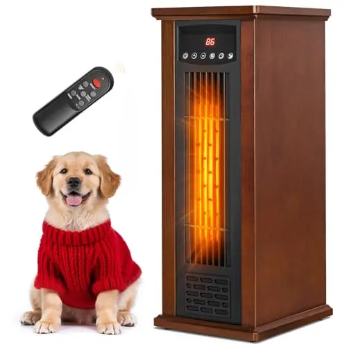 LifePlus infrared tower heater in garage workspace
