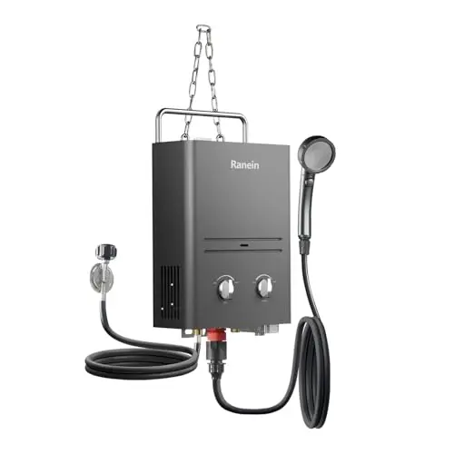 RANEIN GEN II gray portable propane water heater with hanging chain